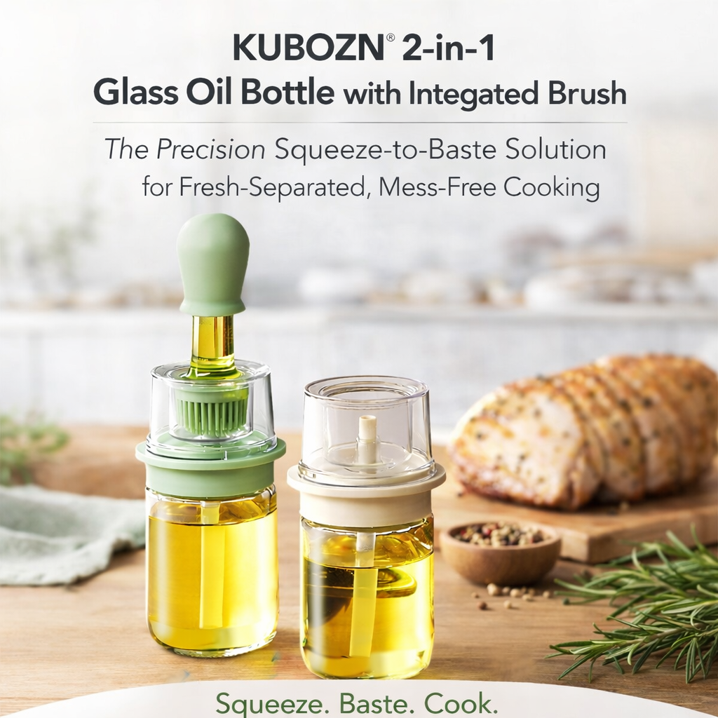 KUBOZN® 2-in-1 Glass Oil Bottle with Integrated Brush — The Precision Squeeze-to-Baste Solution for Fresh-Separated, Mess-Free Cooking (Offer)