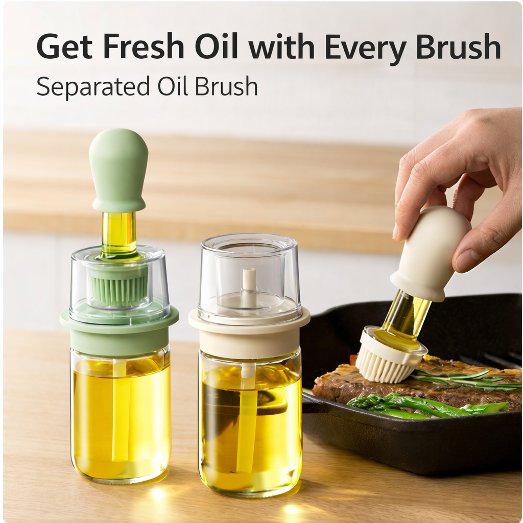 KUBOZN® 2-in-1 Glass Oil Bottle with Integrated Brush — The Precision Squeeze-to-Baste Solution for Fresh-Separated, Mess-Free Cooking
