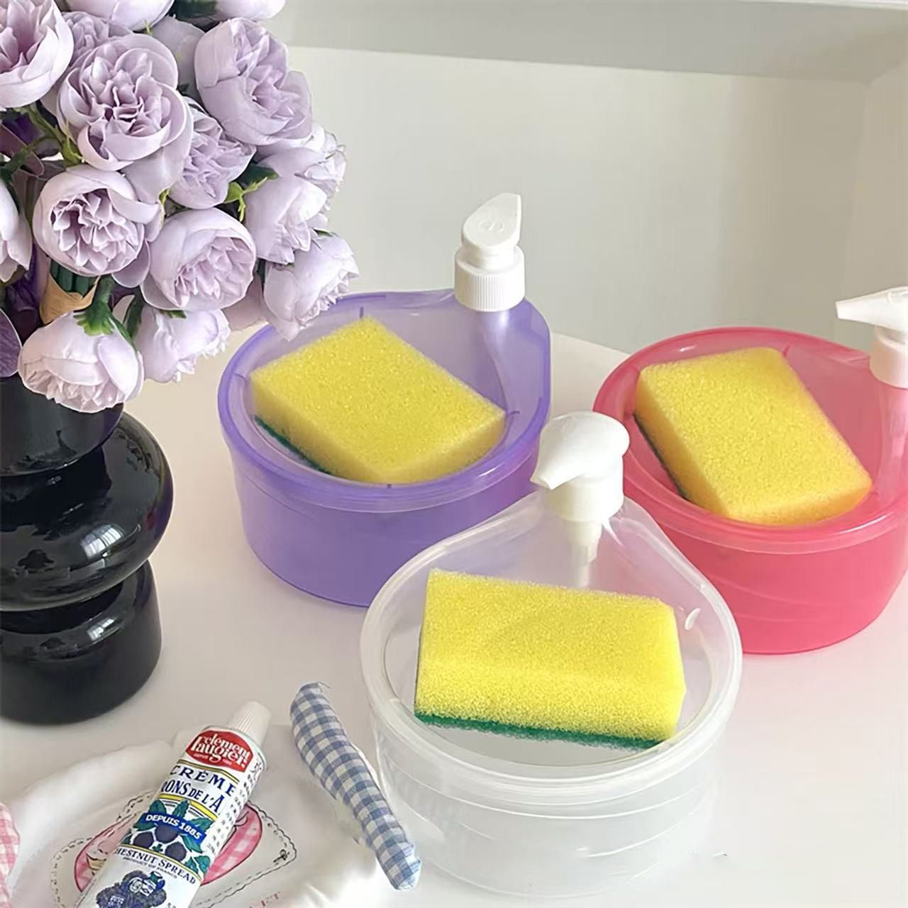 KUBOZN® Premium Dish Soap Dispenser – One-Hand Press, Refillable & Mess-Free + Free Sponge Included